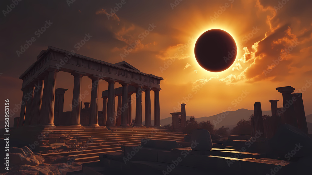 Fototapeta premium Unique light of solar eclipse illuminates greek temple moon-sun dance. Solar Eclipse Temples. Illustration