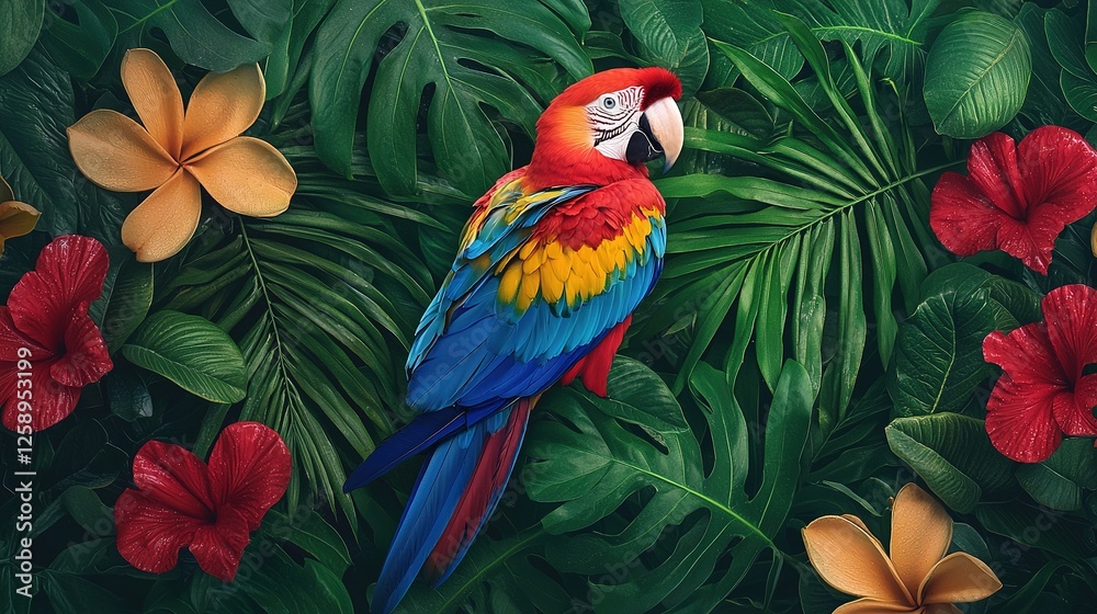 Obraz premium Vibrant scarlet macaw among lush tropical flora nature photography vibrant jungle close-up view biodiversity exploration