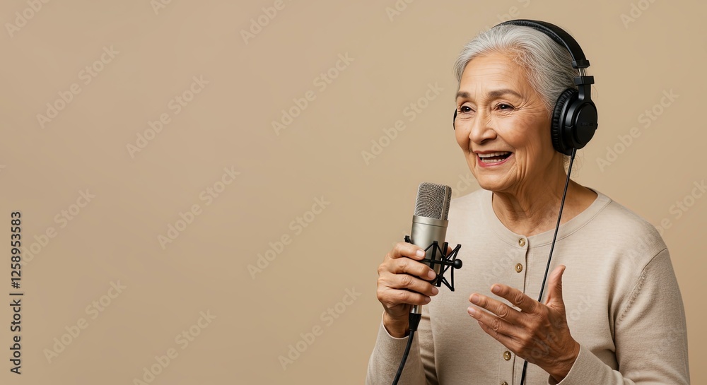 Joyful Elderly Woman Singing Microphone Headphones - Music Education Senior Programs Joyful Elderly Woman Singing Microphone Headphones - Music Education Senior Programs