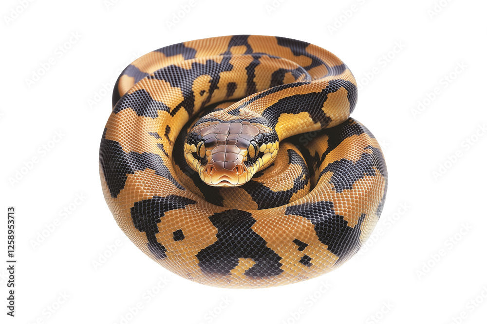 Obraz premium Coiled yellow and black patterned snake, isolated on white transparent background, reptiles or wildlife, symbolizing Chinese Lunar New year