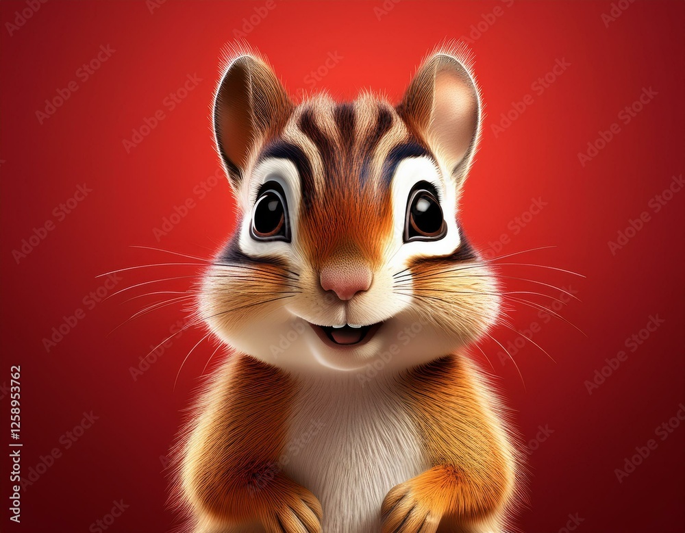 Obraz premium Niedliches Streifenhörnchen, roter Hintergrund