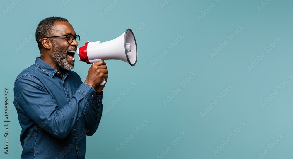 Enthusiastic African Man Megaphone Pastel Blue Background - Public Speaking Marketing Communication Enthusiastic African Man Megaphone Pastel Blue Background - Public Speaking Marketing Communication