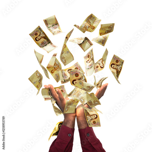 Thai Baht notes falling in black male hands isolated on white background. 3d rendered banknotes. Catching money thailand baht