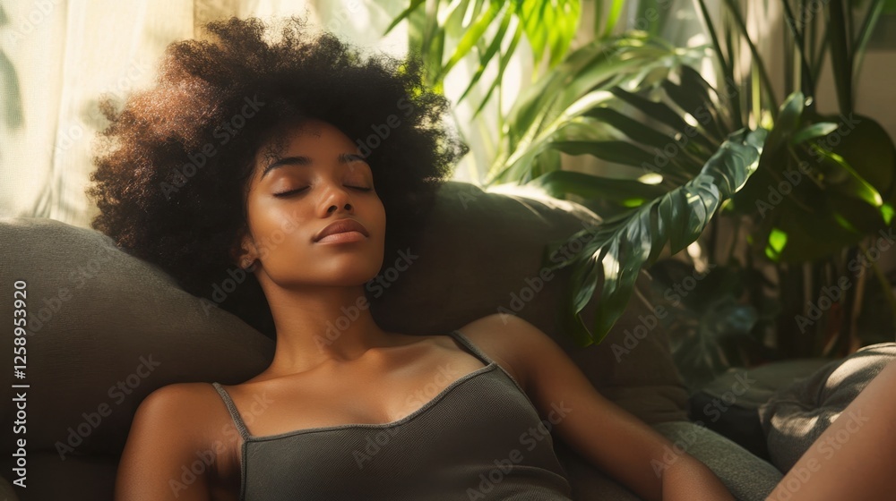Calm African-American Woman Relaxing on Sofa with Plants and peace Calm African-American Woman Relaxing on Sofa with Plants and peace