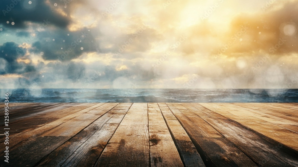 Serene Ocean View from Rustic Wooden Pier at Sunset Horizon Serene Ocean View from Rustic Wooden Pier at Sunset Horizon