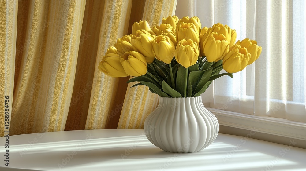 Vase of yellow tulips on a white table. spring season. The warm, bright morning sun background Vase of yellow tulips on a white table. spring season. The warm, bright morning sun background