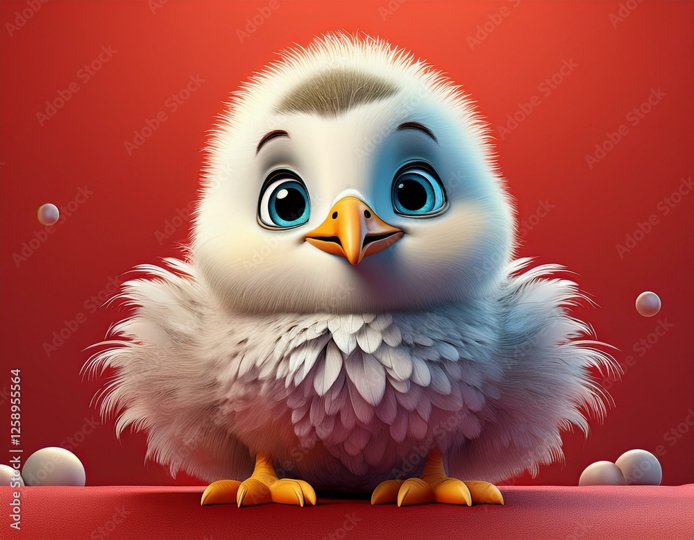 Fototapeta premium Kleine niedliche Möwe, roter Hintergrund