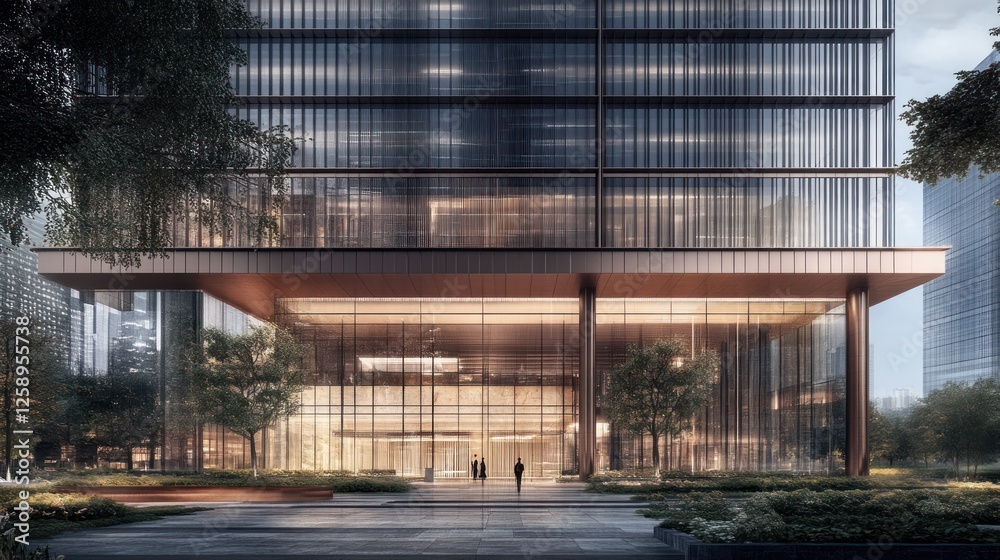 Obraz premium Modern glass and bronze skyscraper entrance at dusk.