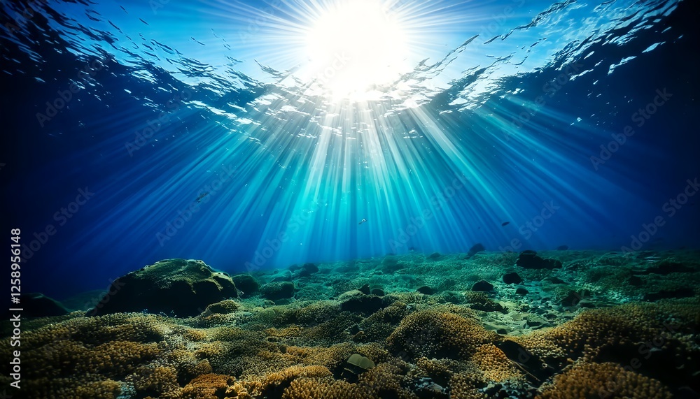 Fototapeta premium Underwater scene with coral reef and sun lights
