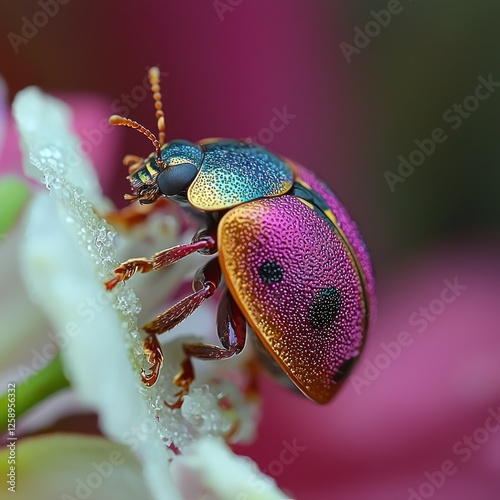 A Vibrant Jewel Beetle on a Delicate Pink Flower photo