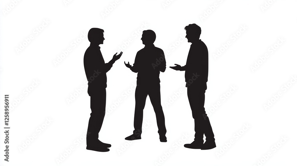 Silhouette of three people engaged in discussion on white background Silhouette of three people engaged in discussion on white background