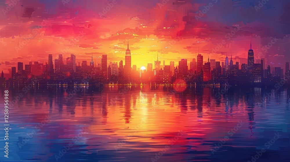 Fototapeta premium Vibrant sunset cityscape reflected in calm water.