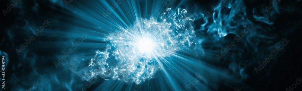 Bright light bursts through dark clouds; cosmic energy, digital art background Bright light bursts through dark clouds; cosmic energy, digital art background