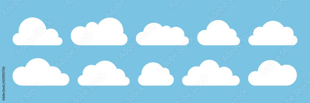 Collection of simple white cloud icons on blue background. Minimalist flat clouds in various shapes and sizes. Perfect for weather apps, sky themed designs, children illustrations, digital graphic Collection of simple white cloud icons on blue background. Minimalist flat clouds in various shapes and sizes. Perfect for weather apps, sky themed designs, children illustrations, digital graphic
