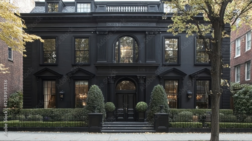 Obraz premium Large black house with a black front door and black windows