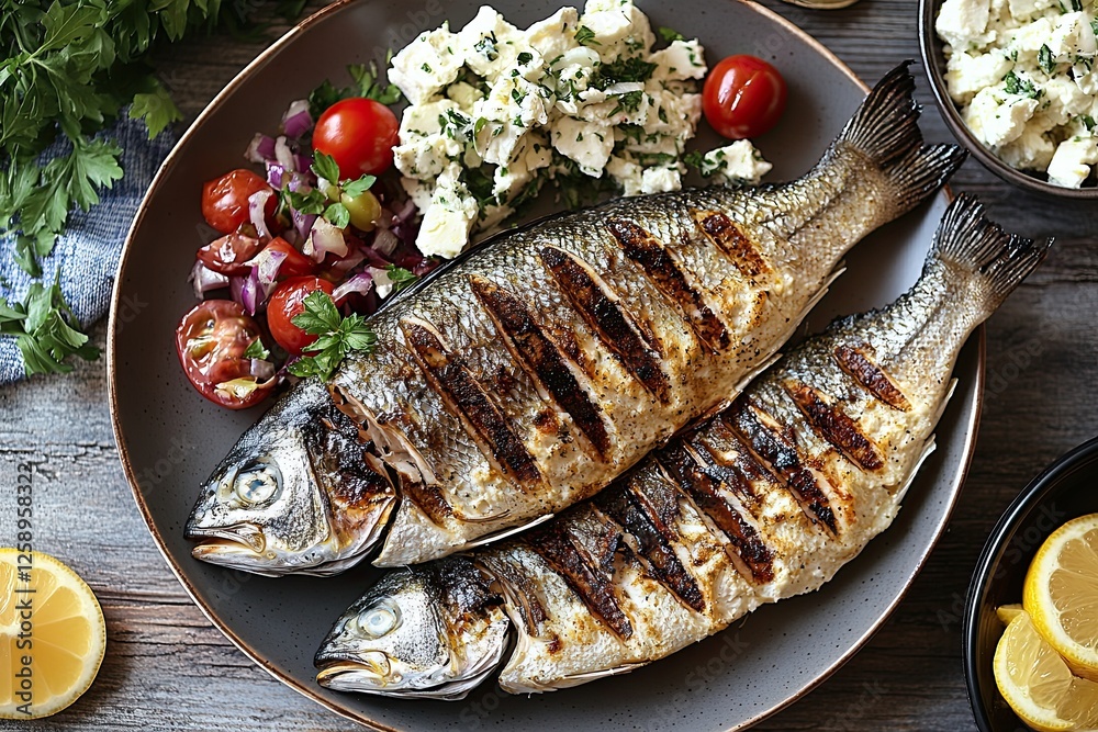 Traditional Greek cuisine selection - salad, meze, pie, fish, tzatziki, dolma on wood background, top view Traditional Greek cuisine selection - salad, meze, pie, fish, tzatziki, dolma on wood background, top view