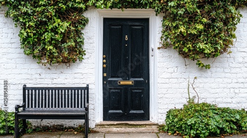 Black door with a gold knocker sits in front of a white brick building