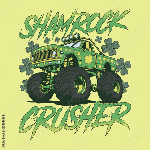 Funny St Patrick's Day T-shirt Shamrock Crusher  Monster Truck T Shirt Design