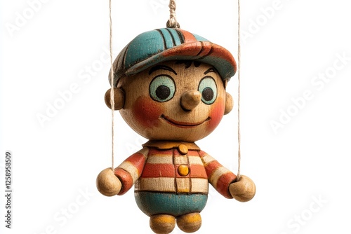 Isolated on a transparent background is a vintage wooden marionette puppet wearing a striped shirt and shorts and mounted on strings