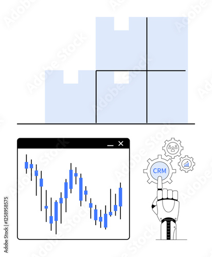 Robotic hand touching CRM gear, financial chart with candlestick bars, and puzzle piece bar graph. Ideal for technology, finance, automation, CRM, analytics stock market and AI themes. Line