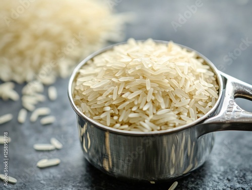A close-up of basmati rice being measured with a cup. Featuring uncooked basmati rice grains. Highlighting the preparation process. Ideal for cooking tutorials and recipe books.