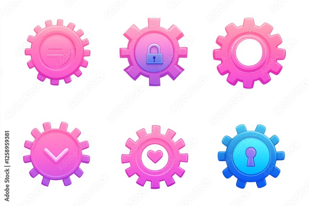 A vibrant collection of gears and locks icons on a transparent background represents security, privacy, and technology progress A vibrant collection of gears and locks icons on a transparent background represents security, privacy, and technology progress