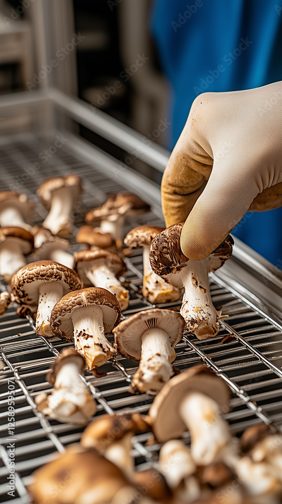 Obraz premium Worker carefully harvesting fresh mushrooms in a controlled indoor farm environment