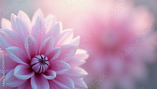Macro shot of a delicate dahlia with pastel pink and lavender petals, dreamy atmosphere, soft focus, romantic botanical composition 