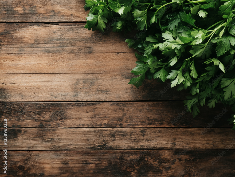 A bunch of fresh parsley on a wooden table, top view A bunch of fresh parsley on a wooden table, top view