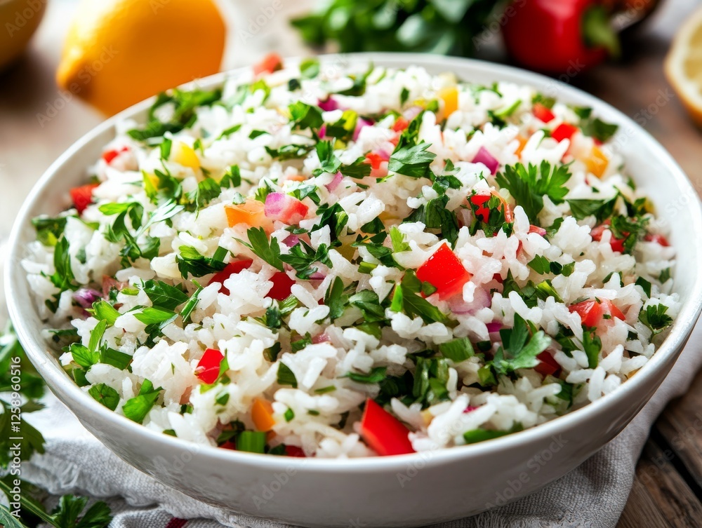 A fresh rice salad with mixed herbs and citrus dressing. Featuring a light and refreshing flavor profile. Highlighting a vibrant and healthy dish. Ideal for summer recipes and light meals. A fresh rice salad with mixed herbs and citrus dressing. Featuring a light and refreshing flavor profile. Highlighting a vibrant and healthy dish. Ideal for summer recipes and light meals.