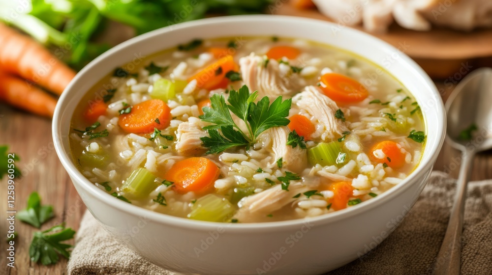 Chicken and rice soup with vegetables, parsley, and white bowl. Emphasizing comforting and nourishing nature, ideal for soup recipes and wholesome meals with a warm presentation. Chicken and rice soup with vegetables, parsley, and white bowl. Emphasizing comforting and nourishing nature, ideal for soup recipes and wholesome meals with a warm presentation.