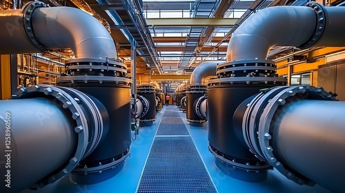 Engineers Monitoring Data Center s Cooling System with Industrial Pipes and LED Lit Room