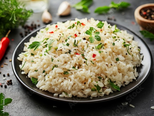 A plate of rice pilaf with herbs and spices. Featuring vibrant colors and aromatic presentation. Highlighting culinary diversity and flavorful cuisine. Ideal for recipe blogs and culinary magazines.