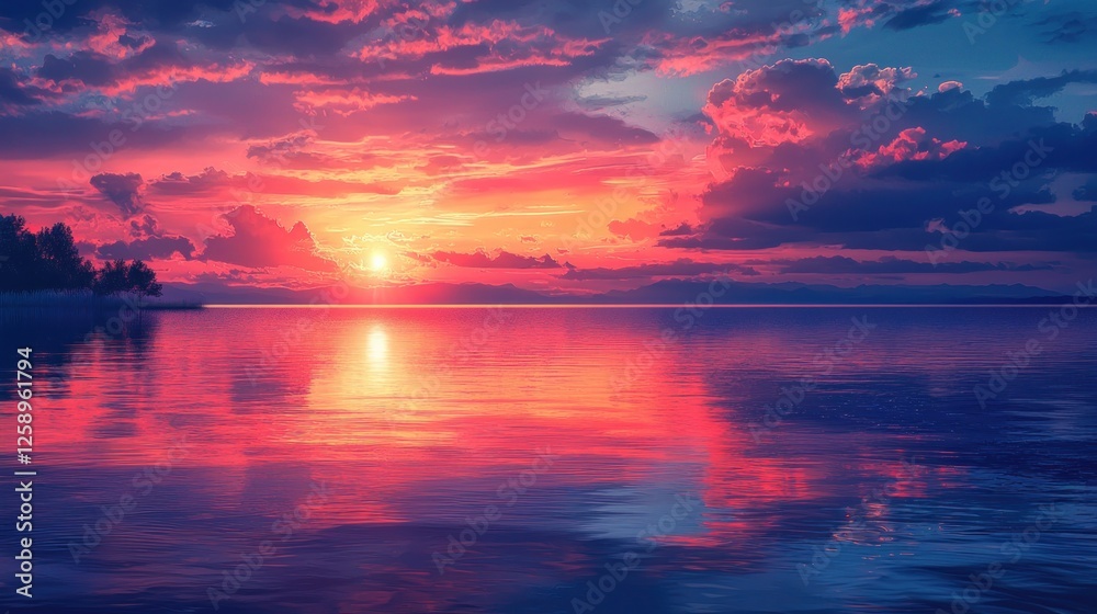 A skyline view with shimmering reflections on a peaceful river during a breathtaking sunset A skyline view with shimmering reflections on a peaceful river during a breathtaking sunset