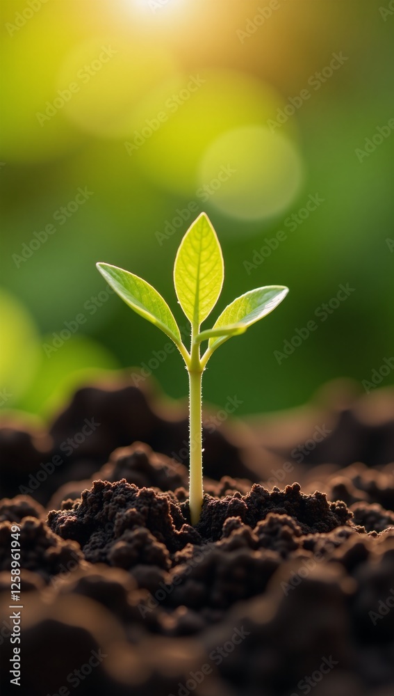 Fototapeta premium Young seedlings sprouting in soil against a sun-dappled backdrop representing growth prosperity and eco-consciousness