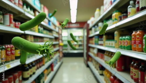 Green bacteria infest a supermarket aisle emphasizing sanitation worries and food contamination risks