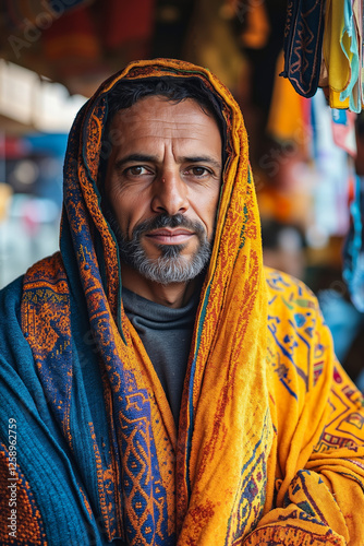 A man wearing a colorful shawl in a market photo