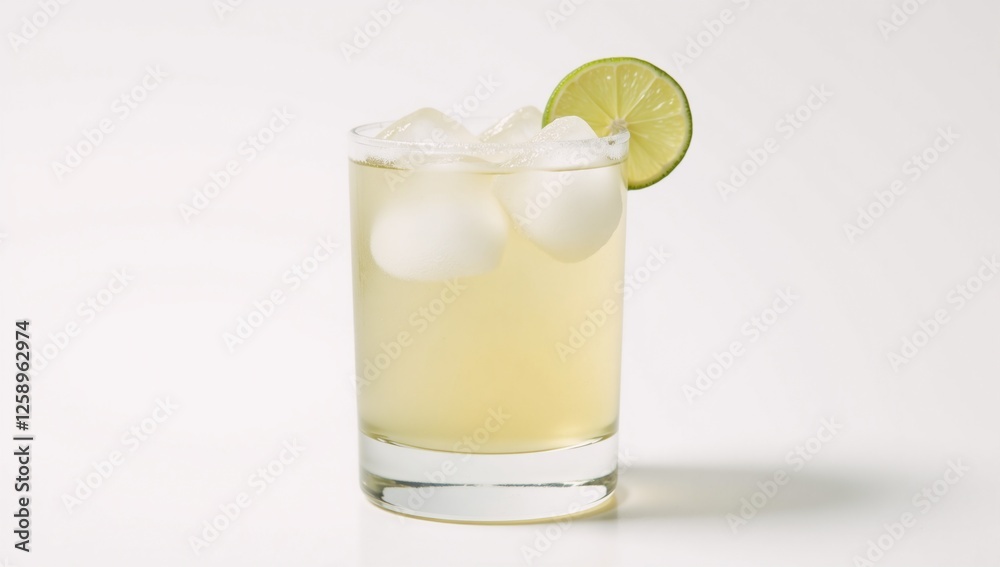 Collinsrocks glass with cocktail lime wedge and ice cubes against a white backdrop Collinsrocks glass with cocktail lime wedge and ice cubes against a white backdrop