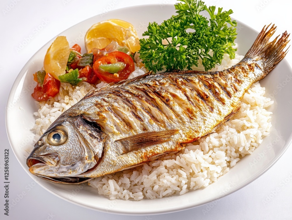 A traditional Asian rice dish with grilled fish. Featuring perfectly cooked rice and succulent fish. Emphasizing a balanced and flavorful meal. Ideal for Asian cuisine and healthy eating blogs.