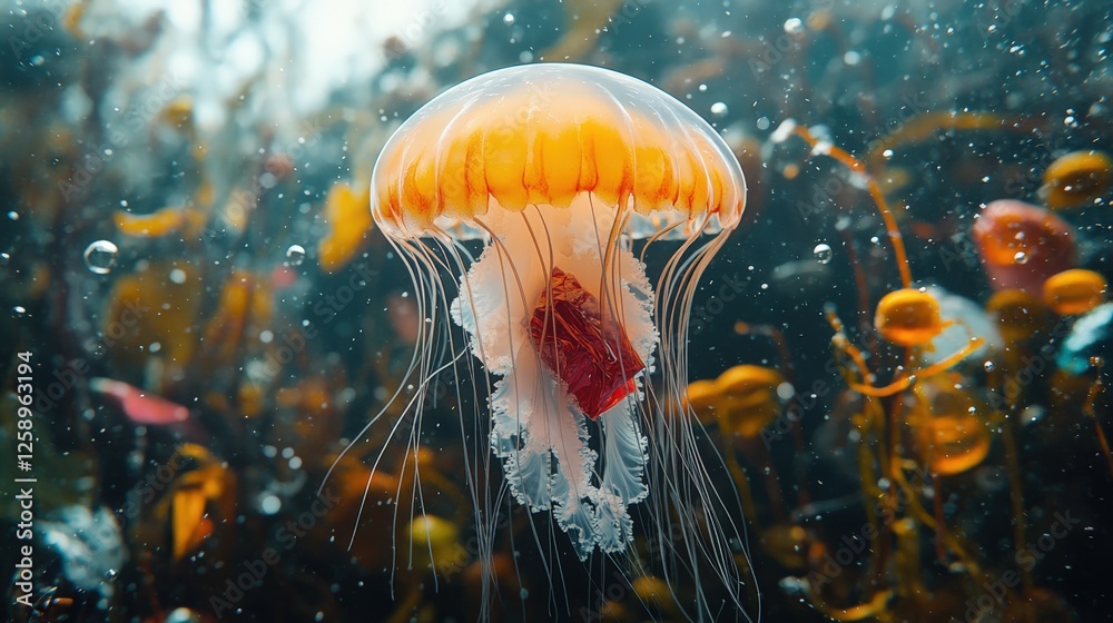 Fototapeta premium Jellyfish mockup caught in fishing nets with colorful plastics and a red wrapper