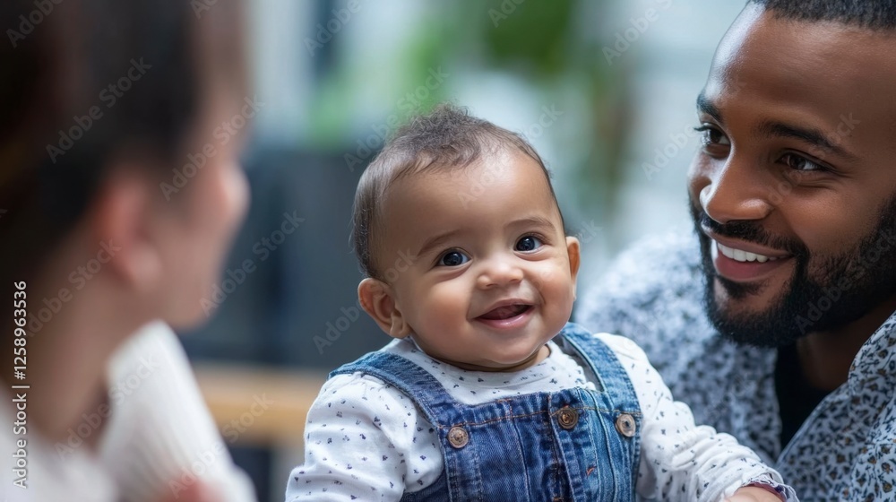 Smiling father with baby in overalls, family moment Smiling father with baby in overalls, family moment