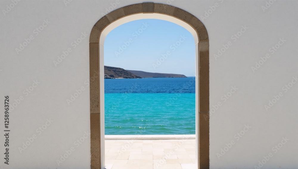 Fototapeta premium Minimalist square design captures the essence of Mykonos with its white buildings and blue sea Travel Themed Decor Vacation Art