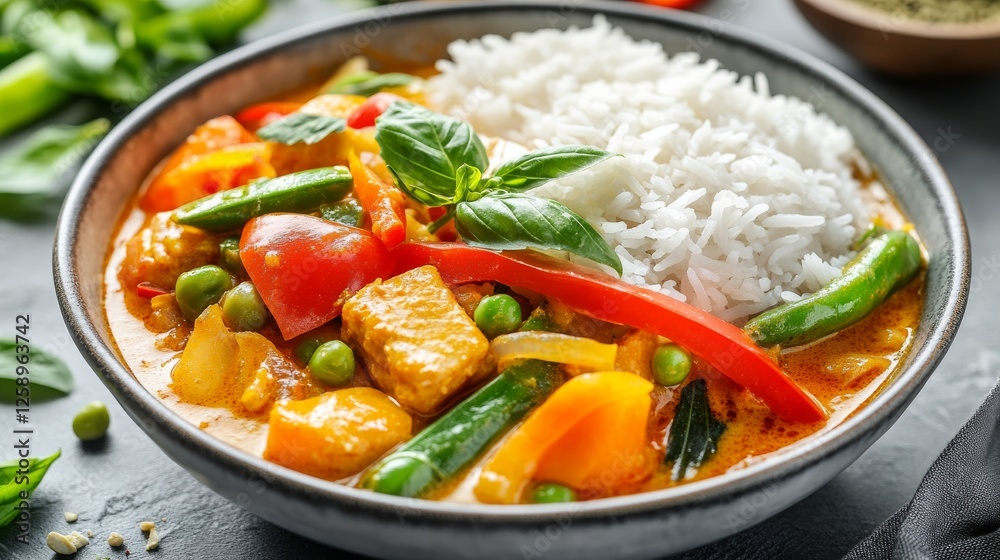 Thai curry with jasmine rice, vegetables, and basil leaves. Emphasizing spicy and aromatic nature, ideal for Thai cuisine and flavorful recipes with a colorful presentation. Thai curry with jasmine rice, vegetables, and basil leaves. Emphasizing spicy and aromatic nature, ideal for Thai cuisine and flavorful recipes with a colorful presentation.