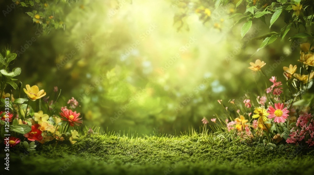 Fototapeta premium Enchanting meadow, sunlight, flowers and moss background with vibrant colors, perfect scenery