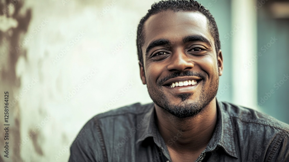 Fototapeta premium Happy Black Man Smiling in a Close-Up Portrait full of Positivity