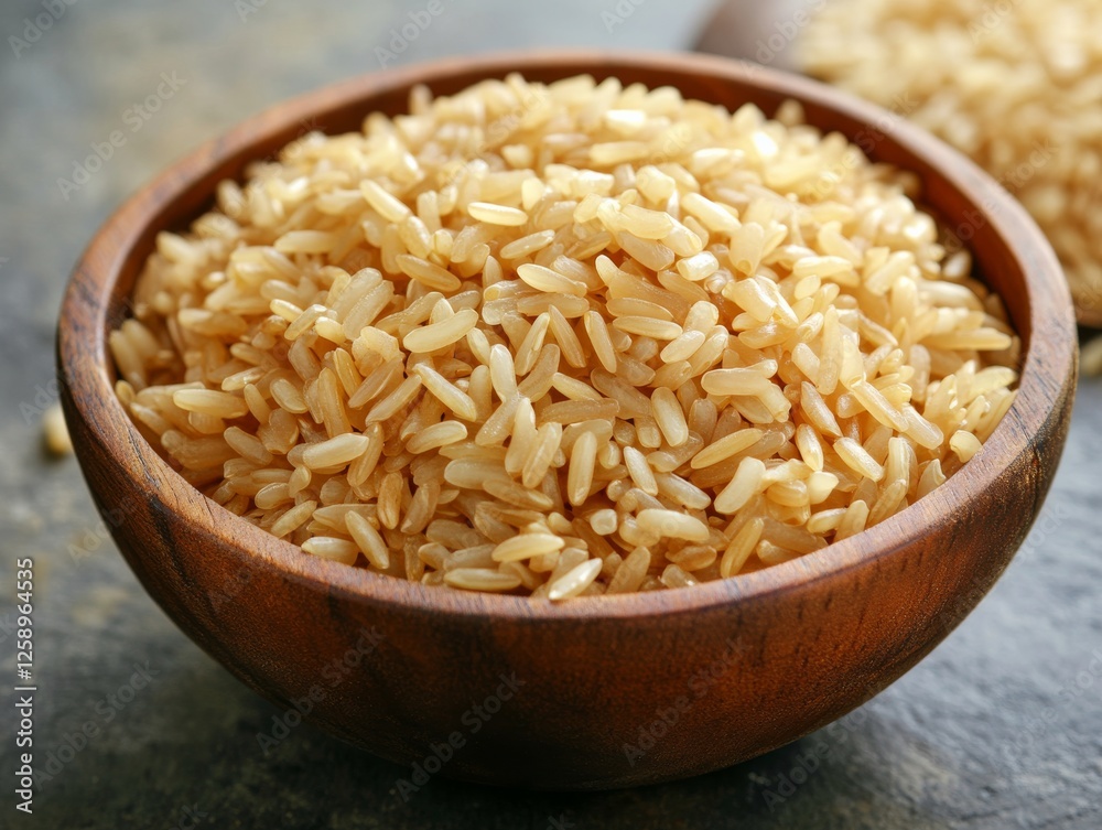 A wooden bowl of cooked brown rice. Featuring the rich texture and natural color of the rice. Emphasizing healthy eating and whole grains. Ideal for health food blogs and organic product promotions. A wooden bowl of cooked brown rice. Featuring the rich texture and natural color of the rice. Emphasizing healthy eating and whole grains. Ideal for health food blogs and organic product promotions.