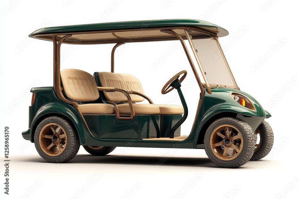 A green golf cart is depicted from the side, complete with beige seats, and placed on a transparent backdrop A green golf cart is depicted from the side, complete with beige seats, and placed on a transparent backdrop