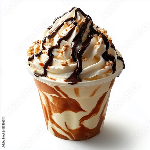 A creamy soft-serve ice cream in a plastic cup, topped with chocolate drizzle and cookie crumbles, isolated on white.