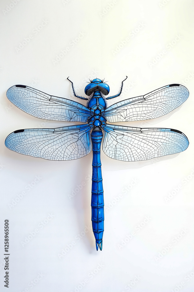 A blue dragonfly is hanging on a white wall