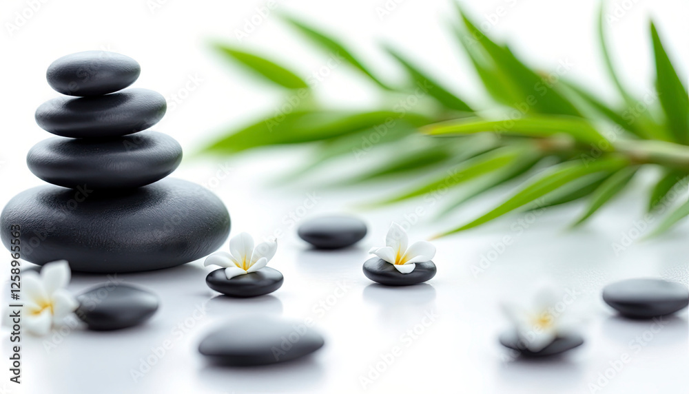 Zen spa stones stacked with black pebbles, white jasmine flowers, bamboo leaves, serene atmosphere,macro photo, and mindfulness vibes Zen spa stones stacked with black pebbles, white jasmine flowers, bamboo leaves, serene atmosphere,macro photo, and mindfulness vibes